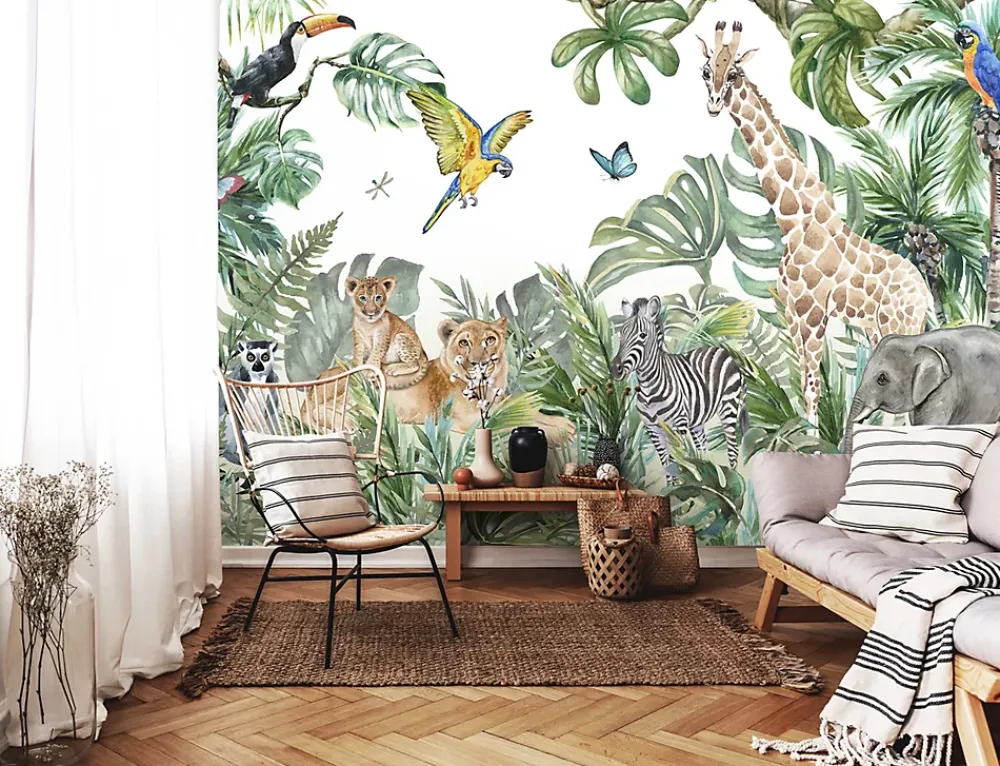 Wallarena Papier Peint Panoramique<Papier Peint Intissé Panoramique Enfants Jungle Animaux 368x254 cm - Colle Inclus - Chambre et Salon - Moderne Trompe l'oeil