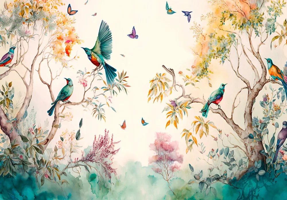 Wallarena Papier Peint Panoramique<Papier Peint Intissé Panoramique Forêt Peint Oiseaux Art 400x280 cm - Colle Inclus - Chambre et Salon - Moderne Trompe l'oeil