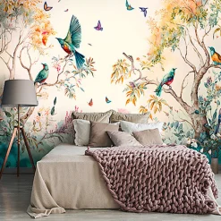 Wallarena Papier Peint Panoramique<Papier Peint Intissé Panoramique Forêt Peint Oiseaux Art 400x280 cm - Colle Inclus - Chambre et Salon - Moderne Trompe l'oeil