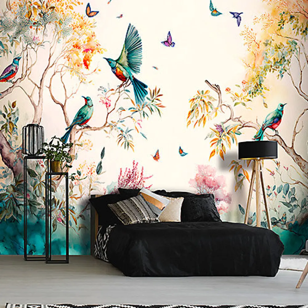 Wallarena Papier Peint Panoramique<Papier Peint Intissé Panoramique Forêt Peint Oiseaux Art 400x280 cm - Colle Inclus - Chambre et Salon - Moderne Trompe l'oeil