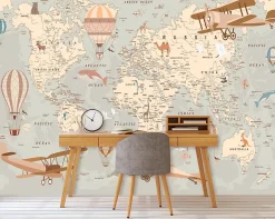 Wallarena Papier Peint Panoramique<Papier Peint Intissé Panoramique Enfant Carte du monde 300x210 cm - Colle Inclus - Papier Peint Enfant Beige