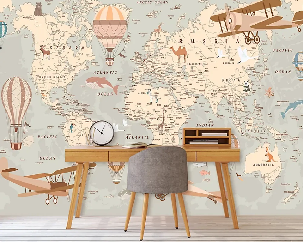 Wallarena Papier Peint Panoramique<Papier Peint Intissé Panoramique Enfant Carte du monde 400x280 cm - Colle Inclus - Papier Peint Enfant Beige