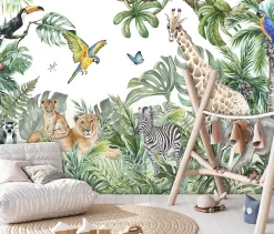 Wallarena Papier Peint Panoramique<Papier Peint Intissé Panoramique Enfants Jungle Animaux 350x250 cm - Colle Inclus - Papier Peint Chambre Enfant Vert Blanc