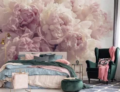 Wallarena Papier Peint Intissé Panoramique Fleurs Pivoines Rose 400x280 cm - Colle Inclus - Chambre et Salon - Moderne Trompe l'oeil- Papier Peint Panoramique