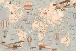Muralo Papier Peint Intissé Photo Pour Enfant CARTE DU MONDE Animaux Avions Ballons Rétro 360cm x 240cm- Papier Peint Panoramique