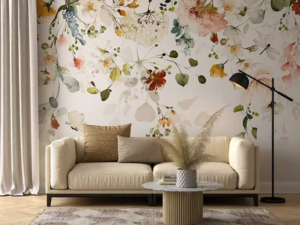 Muralo Papier Peint Intissé Photo Pour Salon FLEURS Colorées Feuilles Plantes Nature 405cm x 270cm- Papier Peint Panoramique