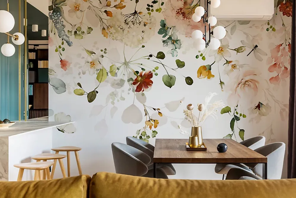 Muralo Papier Peint Intissé Photo Pour Salon FLEURS Colorées Feuilles Plantes Nature 405cm x 270cm- Papier Peint Panoramique
