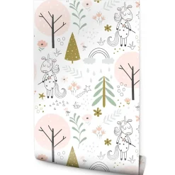 Muralo Papier Peint<Papier Peint Intissé Pour Chambre D'Enfant LICORNES Animaux Arbres Feuilles