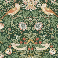 William Morris Papier peint intissé Strawberry thief imprimé fleurs, oiseaux vert L.1000 x l.52cm- Papier Peint