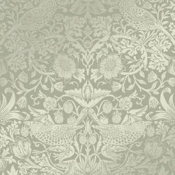 William Morris Papier Peint<Papier peint intissé Strawberry thief imprimé fleurs, oiseaux effet métalisé vert sauge L.1000 x l.52cm