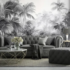 Wallarena Papier Peint Noir et blanc Jungle Panoramique Intissé 250x175 cm - Colle Inclus - Moderne Papier Peint Intissé Chambre Salon- Papier Peint Panoramique