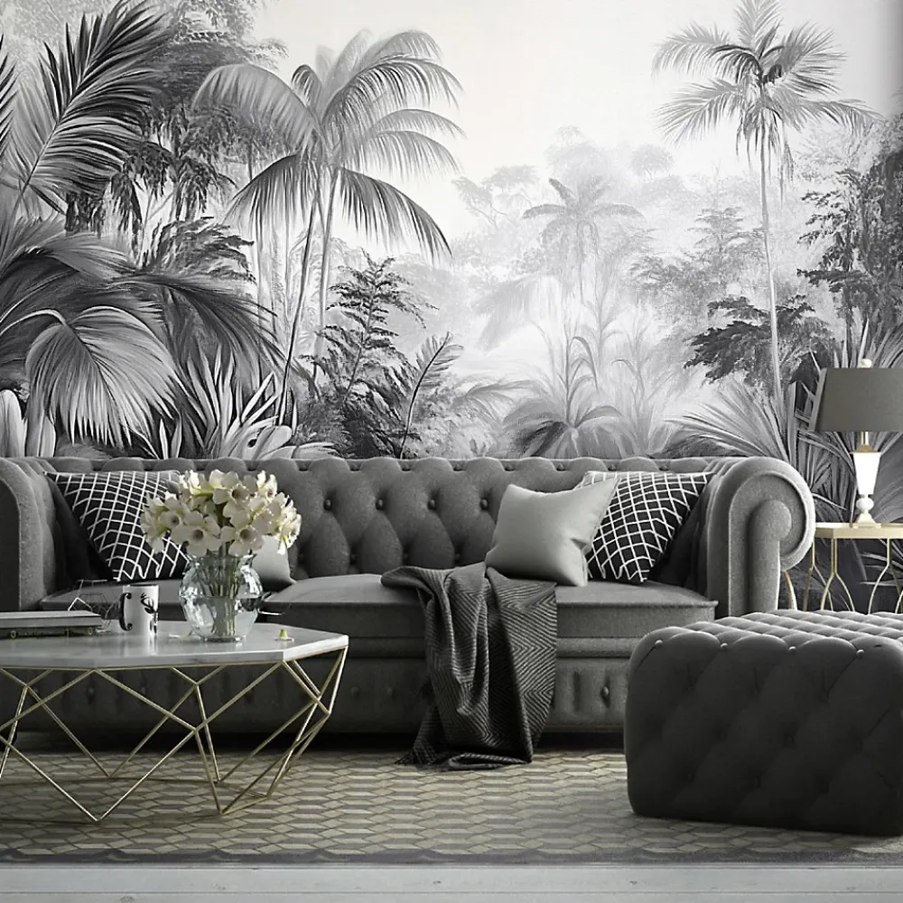 Wallarena Papier Peint Noir et blanc Jungle Panoramique Intissé 250x175 cm - Colle Inclus - Moderne Papier Peint Intissé Chambre Salon- Papier Peint Panoramique