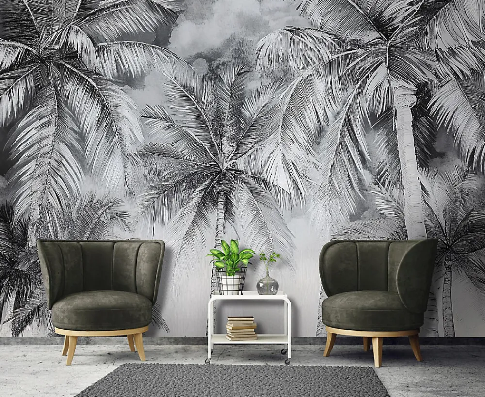 Wallarena Papier Peint Noir et blanc Palmiers Panoramique Intissé 300x210 cm - Colle Inclus - Moderne XXL Papier Peint por Chambre Salon- Papier Peint Panoramique