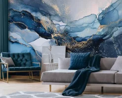 Wallarena Papier Peint Panoramique Intissé Marbre Glamour Bleu - 350x250 cm - Papier Peint Chambre et salon- Papier Peint Panoramique