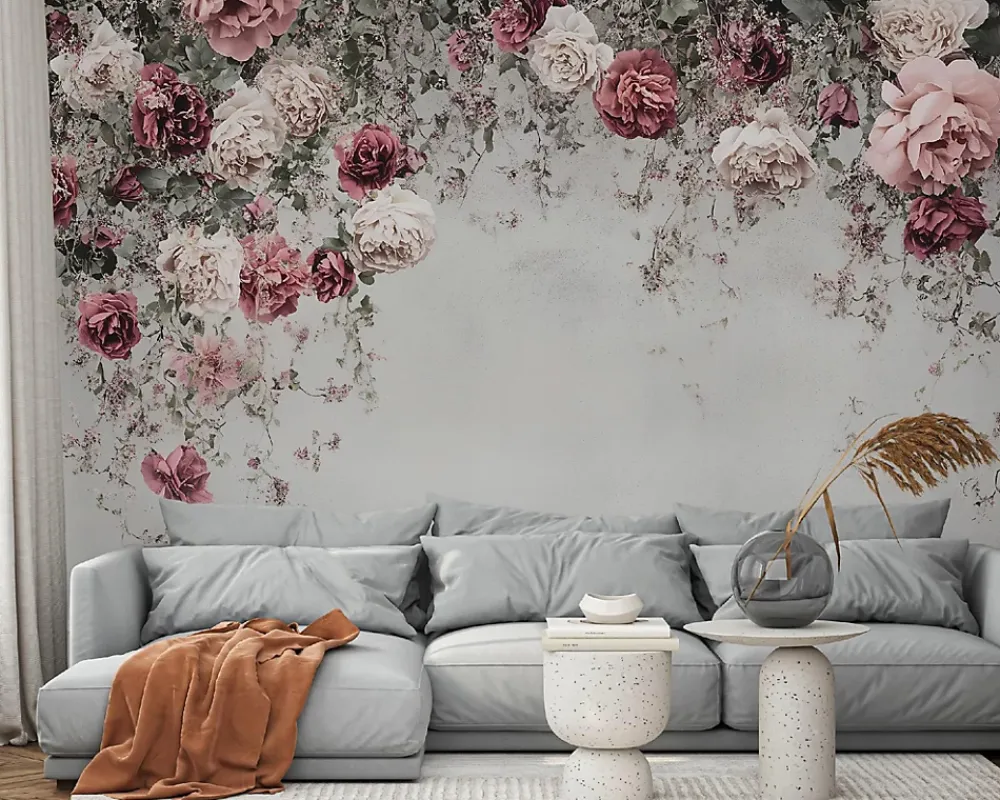 Wallarena Papier Peint Panoramique Intissé Fleurs Floral Béton 400x280 cm - Colle Inclus - Moderne Papier Peint Intissé Chambre Salon- Papier Peint Panoramique