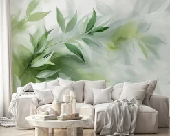Wallarena Papier Peint Panoramique Intissé Feuilles Abstrait Vert - 254x184 cm - Papier Peint Chambre et salon- Papier Peint Panoramique