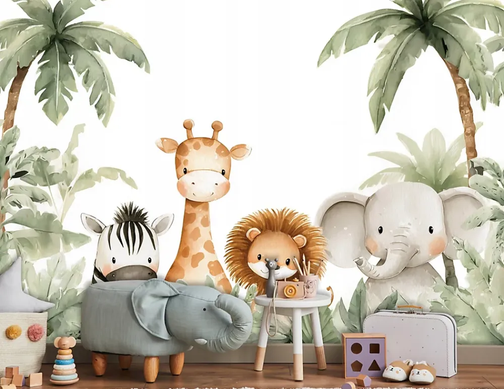 Wallarena Papier Peint Panoramique Animaux Jungle Vert - 350x250 cm - Papier Peint Enfant- Papier Peint Panoramique