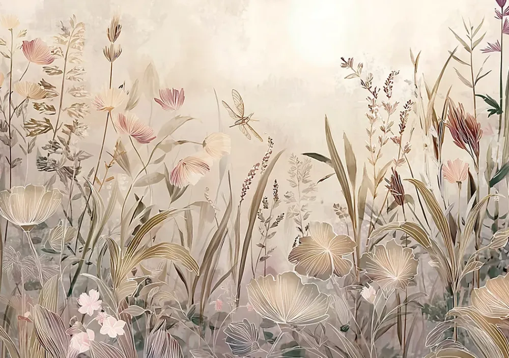 Wallarena Papier Peint Panoramique Intissé Fleurs Prairie Beige - 400x280 cm - Papier Peint Chambre et salon- Papier Peint Panoramique