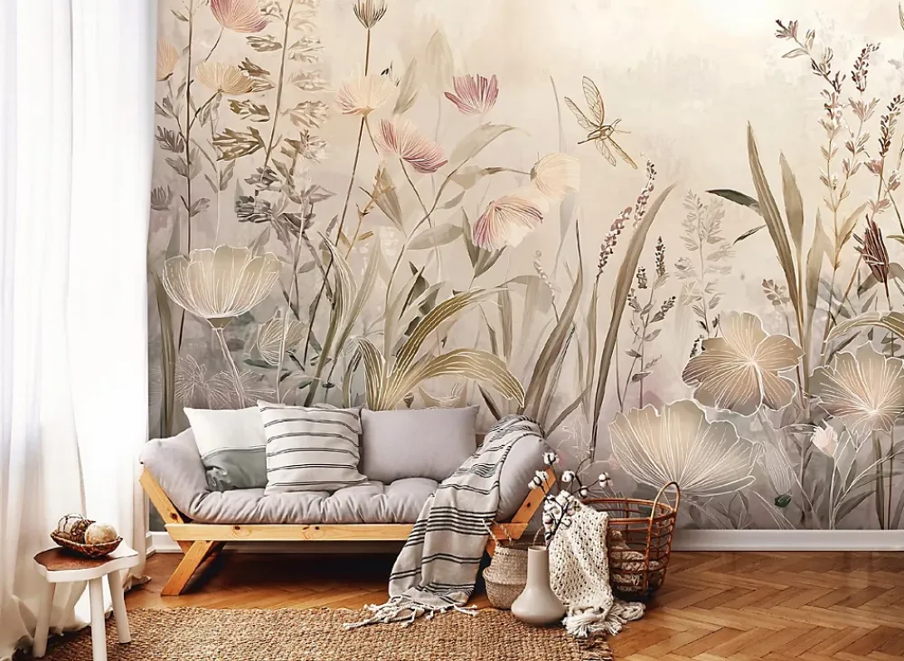 Wallarena Papier Peint Panoramique Intissé Fleurs Prairie Beige - 400x280 cm - Papier Peint Chambre et salon- Papier Peint Panoramique