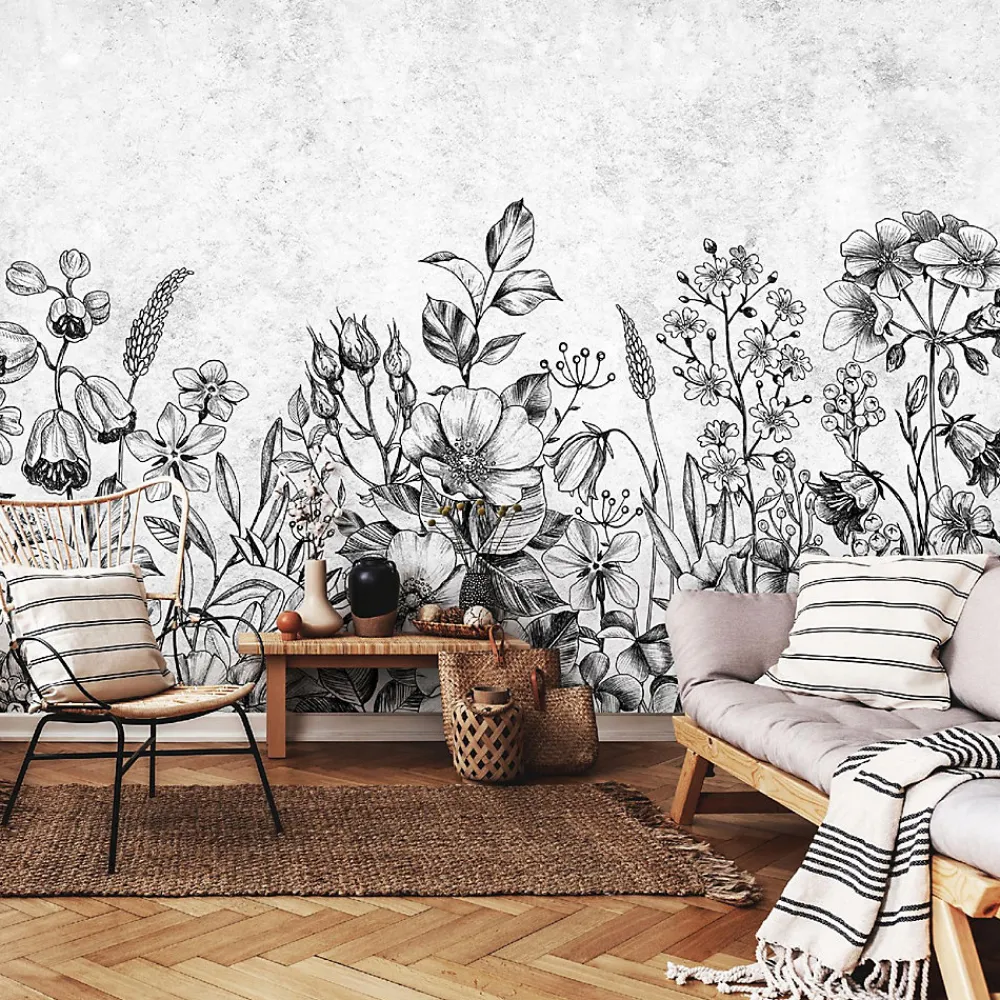 Wallarena Papier Peint Panoramique<Papier Peint Panoramique Intissé Fleurs Béton Gris - 416x254 cm - Papier Peint Chambre et salon