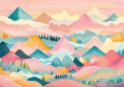 Wallarena Papier Peint Panoramique Intissé Montagnes Nuages Rose - 368x254 cm - Papier Peint Enfant- Papier Peint Panoramique