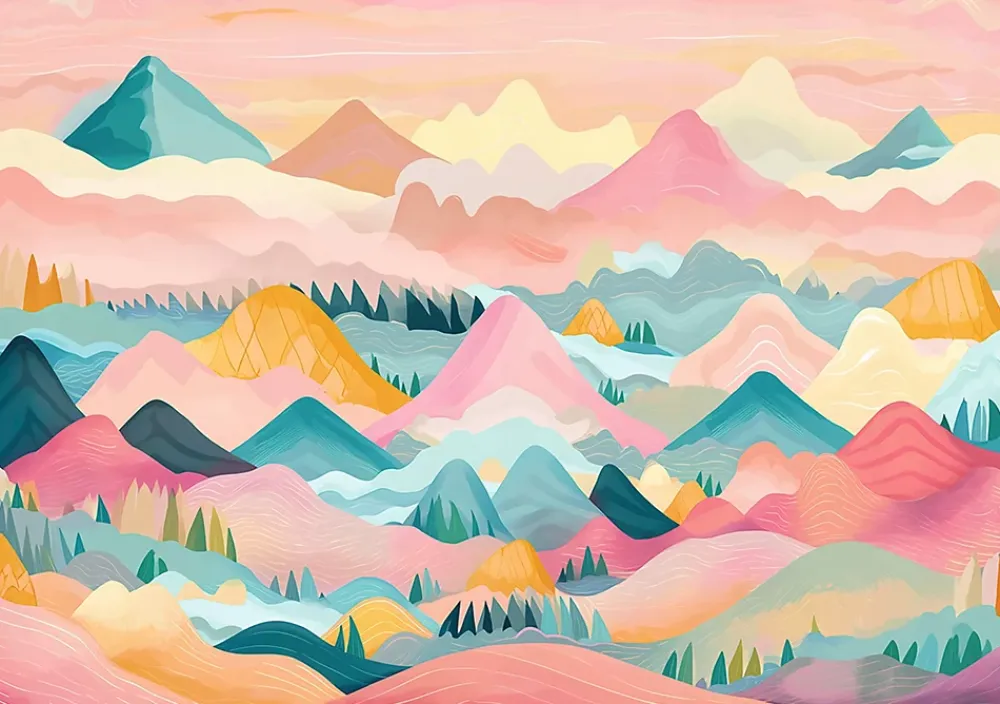 Wallarena Papier Peint Panoramique Intissé Montagnes Nuages Rose - 368x254 cm - Papier Peint Enfant- Papier Peint Panoramique