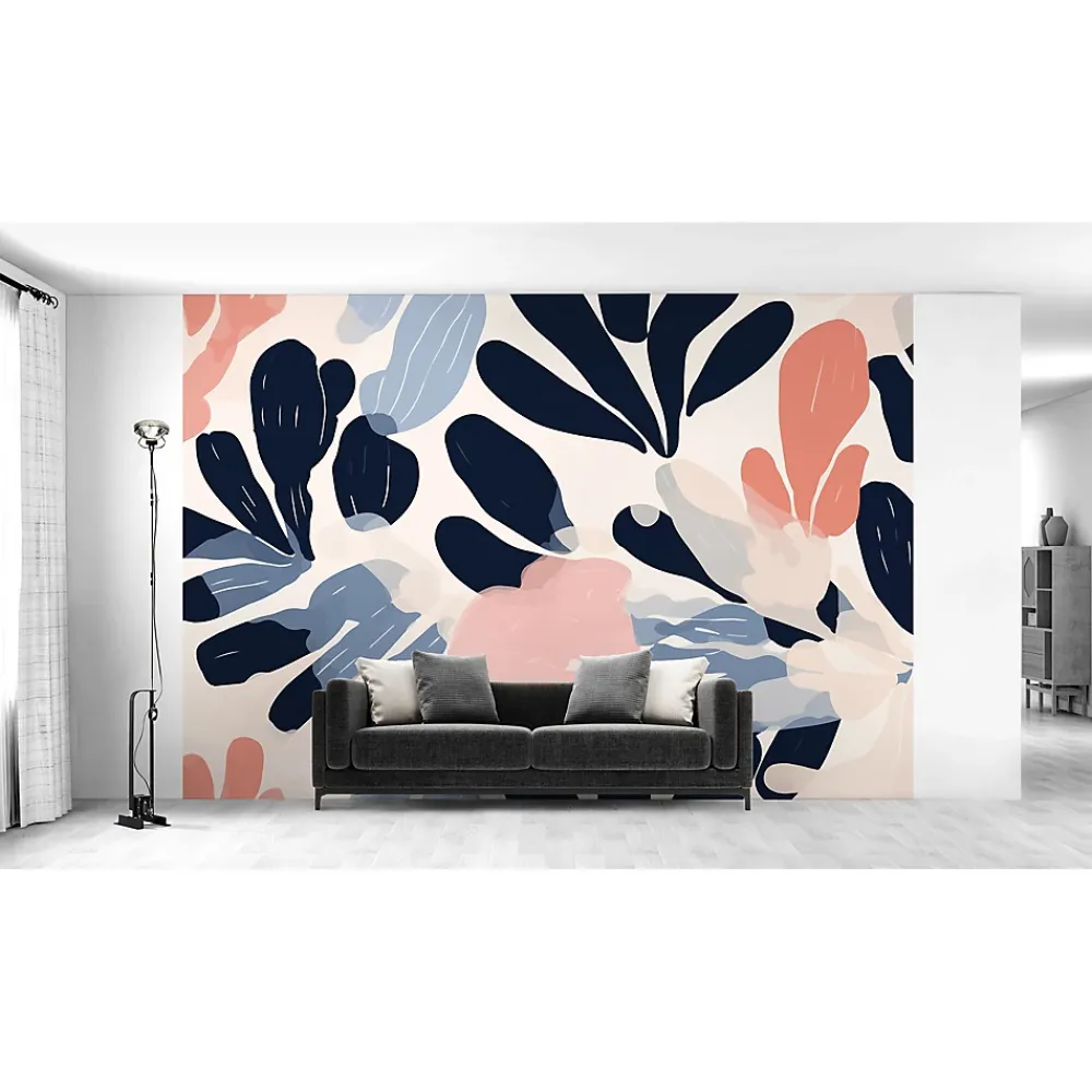 IDPanneaux Papier peint panoramique intissé fleuri, fleurs abstraites, bleu, rose, 8 lés, L.280 x l.400cm- Papier Peint Panoramique