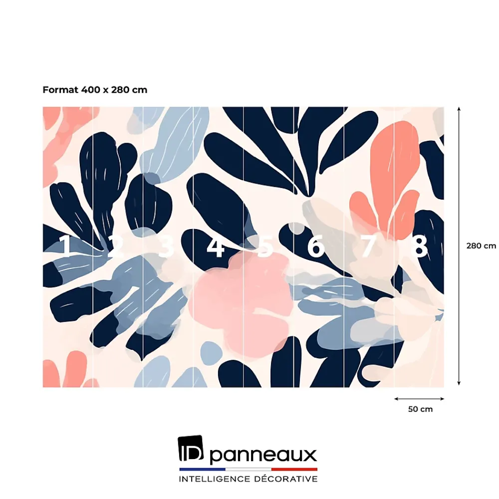 IDPanneaux Papier peint panoramique intissé fleuri, fleurs abstraites, bleu, rose, 8 lés, L.280 x l.400cm- Papier Peint Panoramique