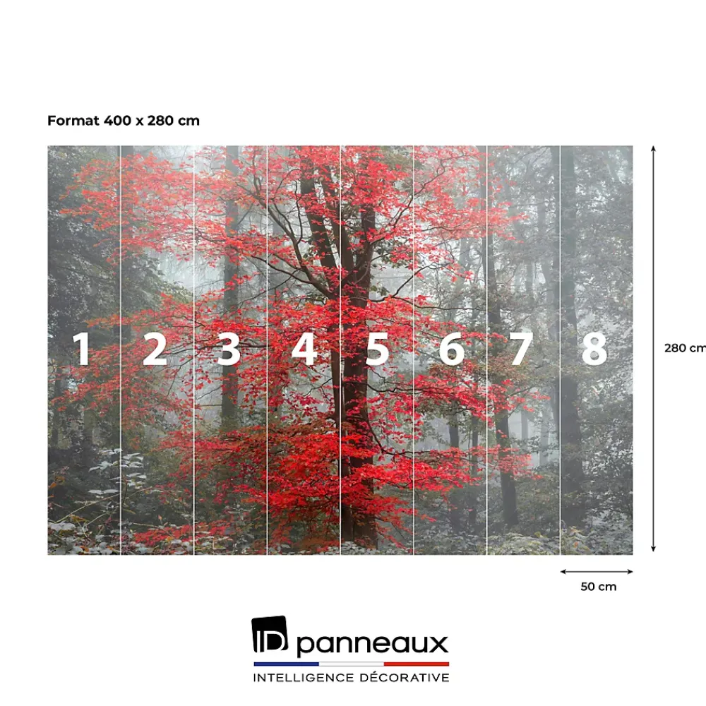 IDPanneaux Papier peint panoramique intissé forêt arbre feuille rouge sur fond gris, 8 lés, L.280 x l.400cm- Papier Peint Panoramique