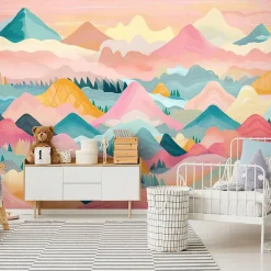 Wallarena Papier Peint Panoramique<Papier Peint Panoramique Intissé Montagnes Nuages Rose - 416x254 cm - Papier Peint Enfant