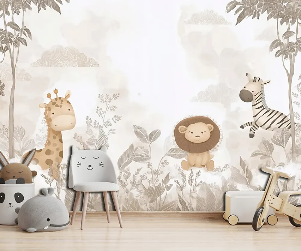 Wallarena Papier Peint Panoramique Intissé Jungle Animaux Beige - 350x250 cm - Papier Peint Enfant- Papier Peint Panoramique