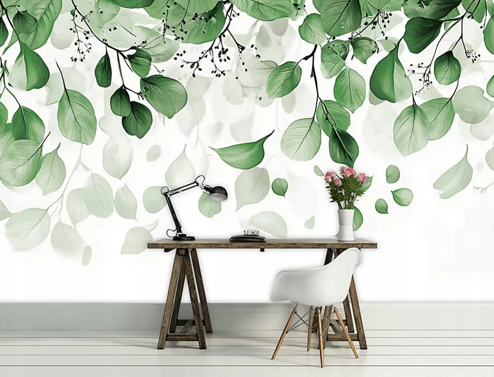 Wallarena Papier Peint Panoramique Intissé Blanc Vert Feuilles 350x250 cm - Colle Inclus - Moderne XXL Papier Peint por Chambre Salon- Papier Peint Panoramique