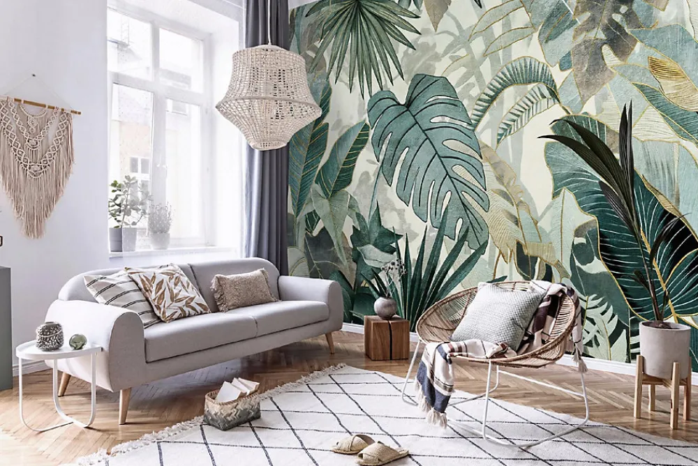 Wallarena Papier Peint Panoramique Intissé Feuilles Jungle Vert - 416x254 cm - Papier Peint Chambre et salon- Papier Peint Panoramique