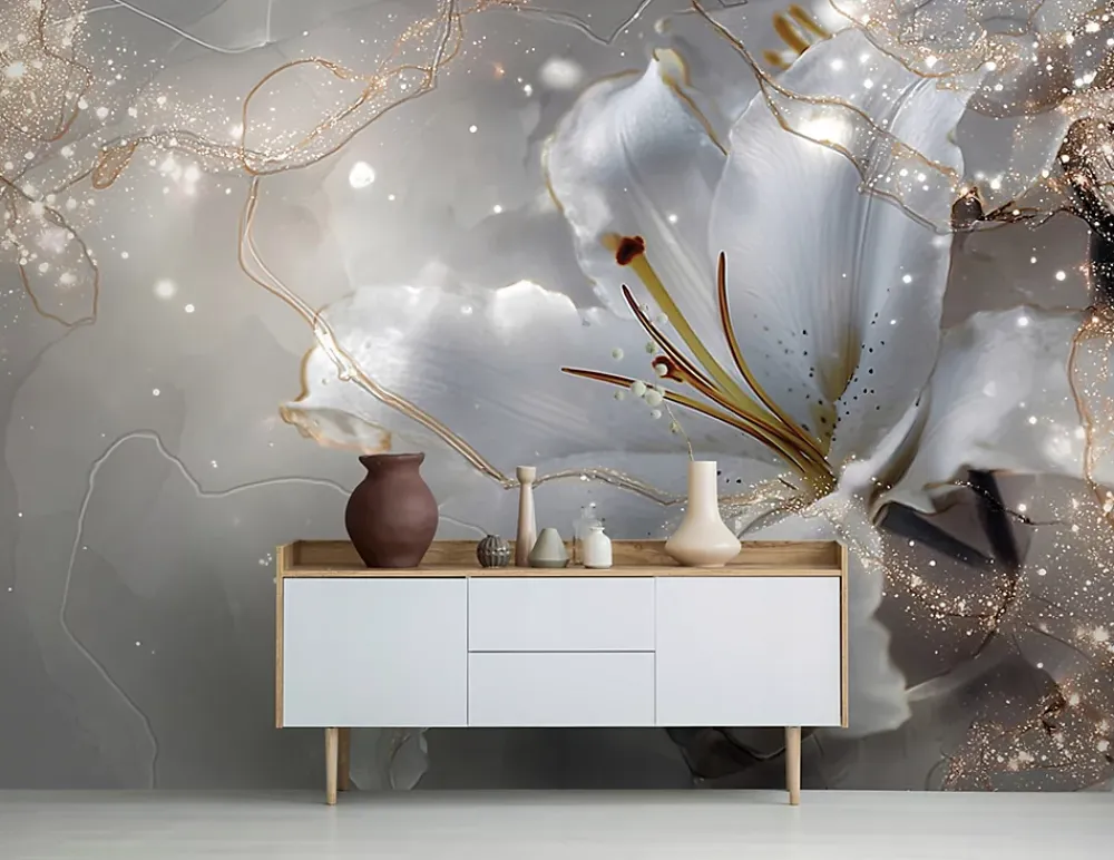 Wallarena Papier Peint Panoramique<Papier Peint Panoramique Intissé Fleurs Lys Beige - 350x250 cm - Papier Peint Chambre et salon