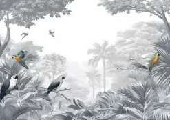 Wallarena Papier Peint Panoramique Intissé Jungle Perroquets Gris - 350x250 cm - Papier Peint Chambre et salon- Papier Peint Panoramique
