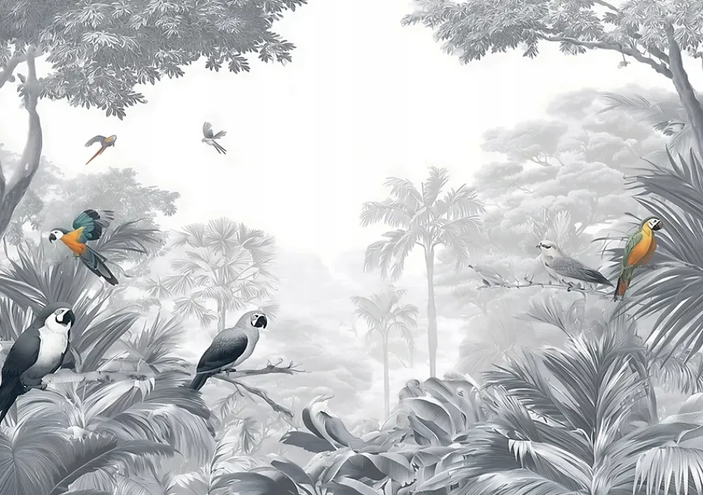 Wallarena Papier Peint Panoramique Intissé Jungle Perroquets Gris - 350x250 cm - Papier Peint Chambre et salon- Papier Peint Panoramique