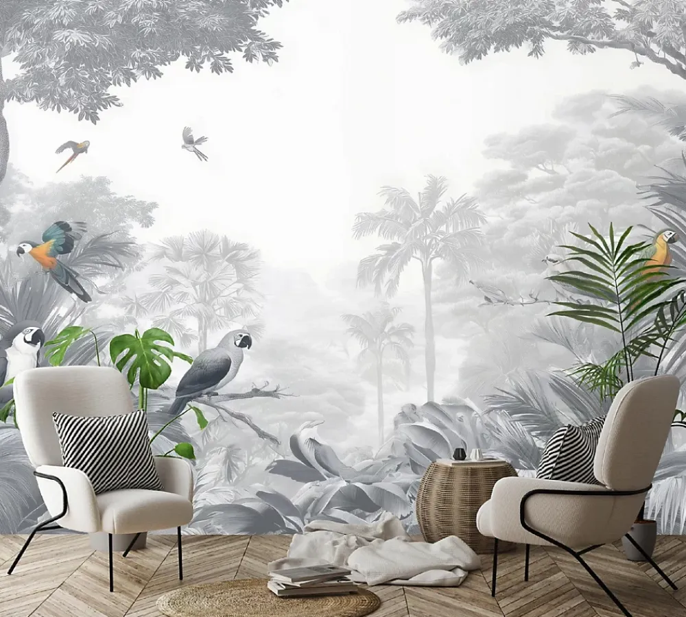 Wallarena Papier Peint Panoramique Intissé Jungle Perroquets Gris - 350x250 cm - Papier Peint Chambre et salon- Papier Peint Panoramique