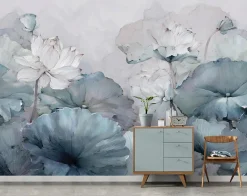 Wallarena Papier Peint Panoramique Intissé Fleurs Béton Bleu - 400x280 cm - Papier Peint Chambre et salon- Papier Peint Panoramique
