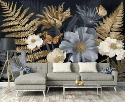 Wallarena Papier Peint Panoramique Intissé Feuilles Fleurs Gris - 400x280 cm - Papier Peint Chambre et salon- Papier Peint Panoramique