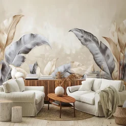 Wallarena Papier Peint Panoramique<Papier Peint Panoramique Intissé Feuilles Beige 300x210 cm - Colle Inclus - Moderne XXL Papier Peint por Chambre Salon