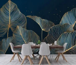 Wallarena Papier Peint Panoramique Intissé Feuilles Glamour Bleu - 350x250 cm - Papier Peint Chambre et salon- Papier Peint Panoramique