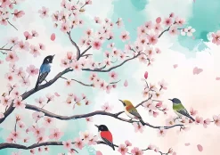 Wallarena Papier Peint Photo Pour Chambre Oiseaux Fleurs Brindilles 350x250 cm- Papier Peint Panoramique