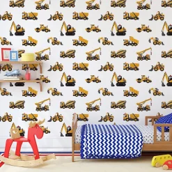 Muralo Papier Peint Pour Chambre D'Enfant EXCAVATRICES Voitures De Chantier Jaunes- Papier Peint