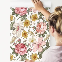 Muralo Papier Peint Pour La Chambre FLEURS Pivoines Hibiscus Pastel Nature- Papier Peint
