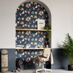 GoodHome Papier peint pré-encollé vinyle fleuri Easy Roll Blitz fleurs bleu l.53 x H.1005 cm- Papier Peint