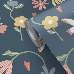 GoodHome Papier peint pré-encollé vinyle fleuri Easy Roll Blitz fleurs bleu l.53 x H.1005 cm- Papier Peint