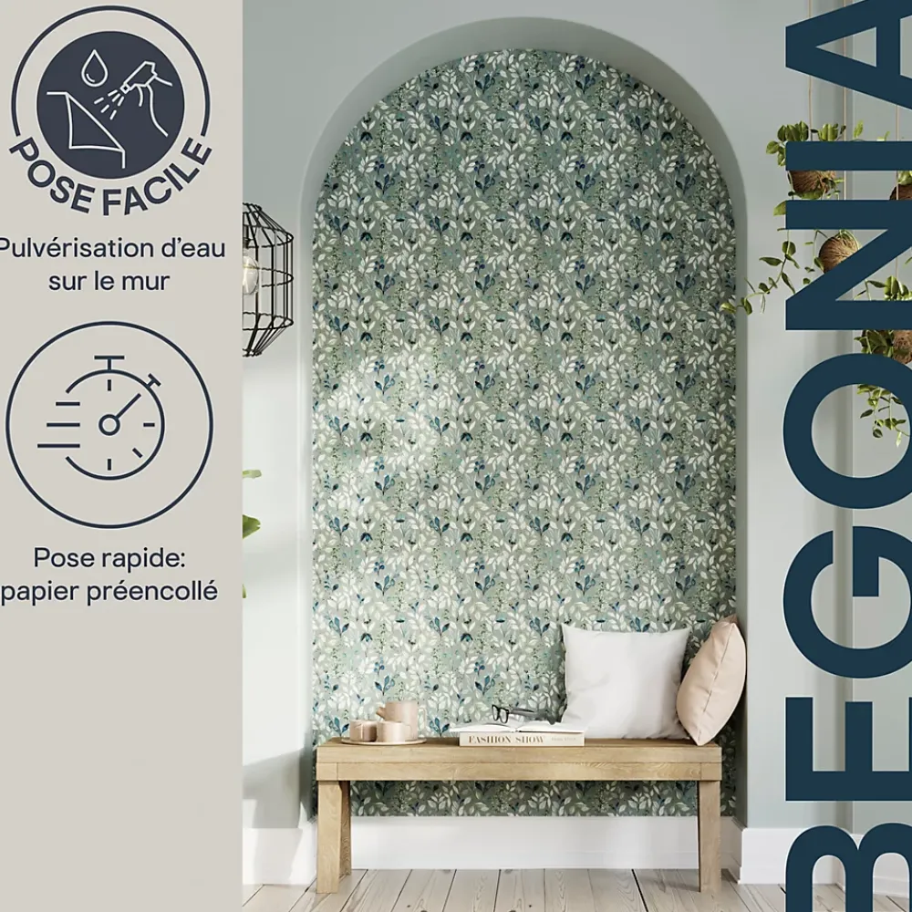 GoodHome Papier peint pré-encollé vinyle intissé fleuri Easy Roll Begonia vert l.53 x H.1005 cm- Papier Peint