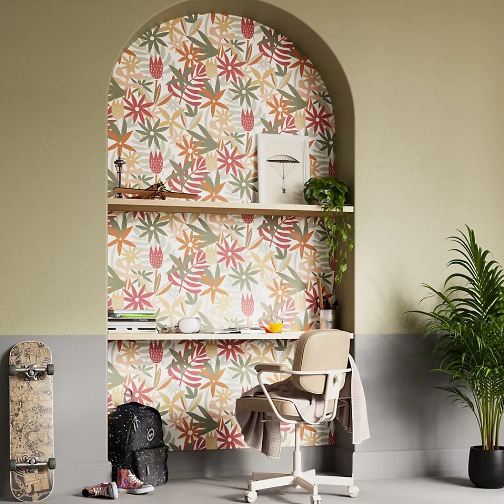 GoodHome Papier peint pré-encollé vinyle fleuri Easy Roll Basil fleurs multicolore l.53 x H.1005 cm- Papier Peint