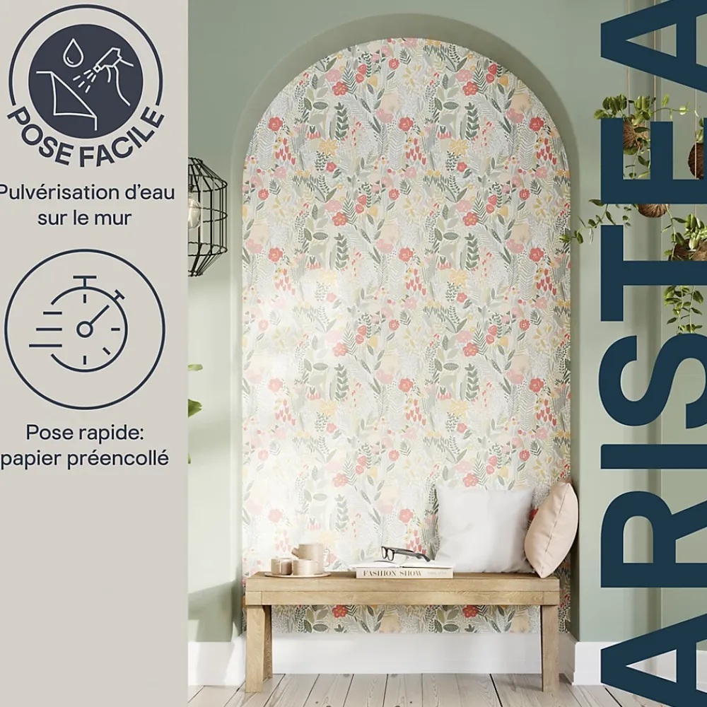 GoodHome Papier peint pré-encollé vinyle intissé fleuri Easy Roll Aristea multicolore l.53 x H.1005 cm- Papier Peint