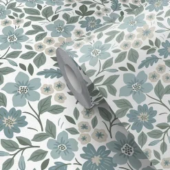 GoodHome Papier peint pré-encollé vinyle fleuri Easy Roll Aani fleurs bleu l.53 x H.1005 cm- Papier Peint